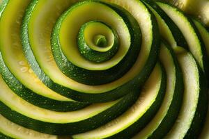 Intricate spiral arrangement of fresh green zucchini slices showcasing a vibrant and artistic culinary presentation photo