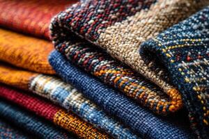 Colorful woven textiles stacked neatly showcasing intricate patterns and textures in warm hues photo