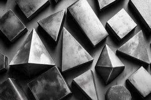 Geometric metallic shapes displayed on a surface showcasing a variety of forms and textures suitable for design and art projects photo