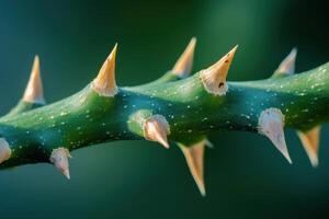 Close-up of sharp thorns on a green plant stem under natural light in a garden setting photo