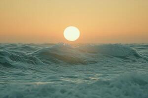 Golden sun setting over waves in a serene ocean, creating a tranquil atmosphere at dusk photo