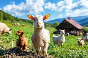 Cute goats grazing in a sunny meadow with a rustic cabin in the background during summer photo
