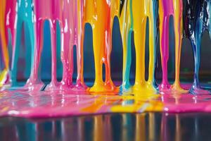 Vibrant paint colors dripping and mixing on a flat surface during an art session in a studio photo