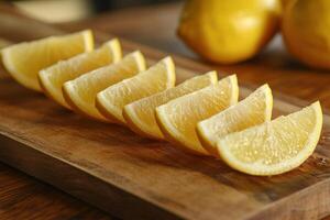 Freshly sliced lemons arranged on a wooden cutting board with whole lemons in the background photo