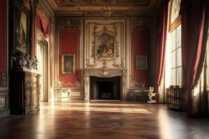 Elegant historic room with ornate decor and sunlight streaming through large windows photo
