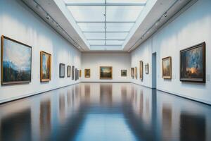 A spacious art gallery featuring numerous classical landscape paintings with natural light illuminating the wooden floor photo