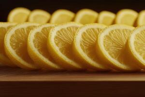 Freshly sliced lemons arranged neatly on a wooden board, showcasing vibrant yellow color and texture photo