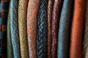 Various textured woven fabrics showcased in a vibrant display of colors and patterns photo