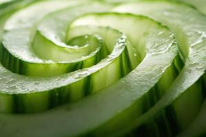 Fresh cucumber spirals arranged artfully on a flat surface showcase vibrant green colors and crisp texture photo