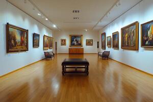 Spacious art gallery featuring classic paintings and serene ambiance with wooden flooring and soft lighting photo