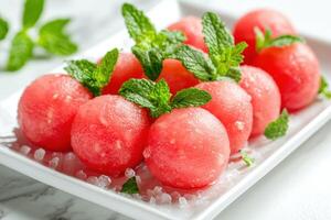 Fresh watermelon balls garnished with mint leaves on a white plate, ideal for summer snacks or parties photo