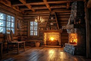 Cozy wooden cabin interior with a warm fireplace, rustic furniture, and snowy landscape visible through the windows in winter photo