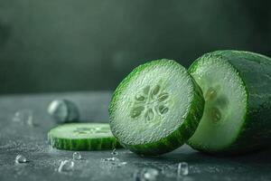 Freshly sliced cucumber pieces on a dark background with water droplets creating a refreshing and vibrant culinary setting photo