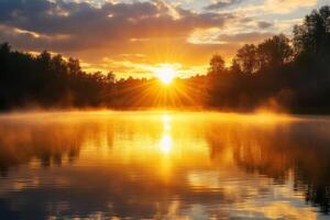 Serene sunrise over a calm lake with mist rising in the early morning, surrounded by trees in a tranquil natural setting photo