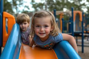 Young children enjoy playtime on a colorful slide at a sunny park playground in the afternoon photo