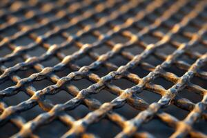 Close-up view of a textured metal grid during golden hour highlighting intricate patterns photo