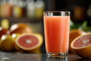 Refreshing grapefruit juice served with fresh citrus fruits on a kitchen countertop photo