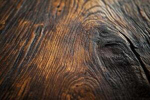 Detailed close-up of a rustic wooden surface showcasing natural grain patterns and textures photo