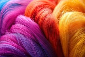 Vivid strands of colorful hair in vibrant hues of red, orange, purple, and yellow photo