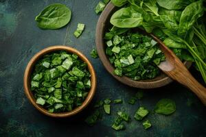 Freshly chopped spinach placed in wooden bowl and board with whole spinach leaves on a dark textured surface photo