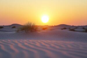 Sunset over the desert dunes showcasing soft sand patterns and grass against a vibrant sky in warm evening light photo