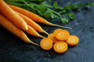 Freshly cut orange carrots with green tops arranged on a dark surface highlighting their vibrant color and texture photo