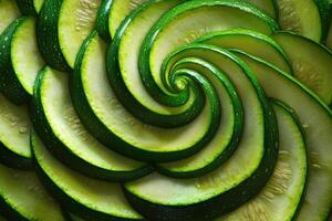 Spiral arrangement of freshly sliced zucchini showcasing vibrant green color and intricate patterns in natural light photo