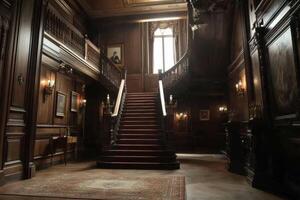 Elegant wooden staircase in a grand, vintage mansion with ornate details, showcasing natural light and classic decor photo