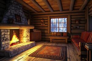 Cozy log cabin interior with a stone fireplace and winter view outside in a serene mountain setting photo
