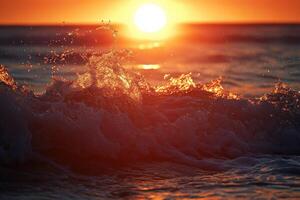 Sunset over the ocean with splashing waves at the shoreline in the evening glow photo