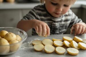 A young child prepares sliced potatoes at a kitchen counter, focused on their culinary task during a home cooking session photo