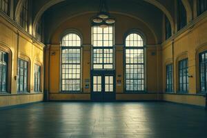 Abandoned hall with large windows and yellow walls, showcasing sunlight filtering through at midday in a historic building photo