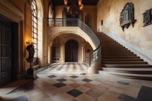 Elegant historic staircase and entrance hall with intricate architectural details in a grand mansion photo