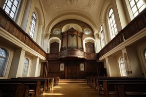 A grand interior view of a historic church showcasing wooden pews and an impressive pipe organ in soft afternoon light photo