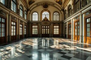 Sunlight casts intricate shadows on the polished floor of an elegant historic hall with large windows and ornate decorations in the afternoon photo