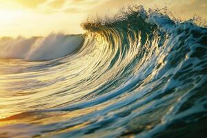 Waves crashing at sunset on a serene beach, capturing the beauty of nature and the ocean's power in warm golden light photo