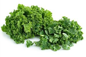 Freshly washed green kale leaves displayed on a white background for healthy meal preparation and cooking inspiration photo