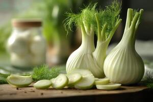 Freshly sliced fennel bulb on a wooden cutting board with whole bulbs and a jar of ingredients in a bright kitchen setting photo