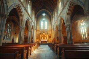 Sunlight streams through stained glass windows in a serene church interior with wooden pews and an altar in the background photo