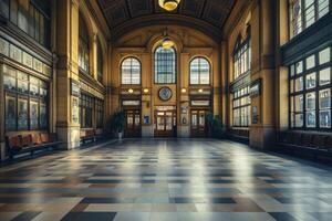 Elegant interior of a historical train station showcasing arching windows and polished tile floors during the afternoon photo