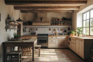 Rustic kitchen interior with wooden cabinetry and natural light in a cozy home photo