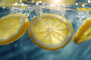 Fresh lemon slices submerge in sparkling water, creating refreshing bubbles under sunlight photo