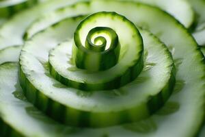 Cucumber slices arranged in a spiral pattern with natural light highlighting their fresh texture and vibrant green color photo