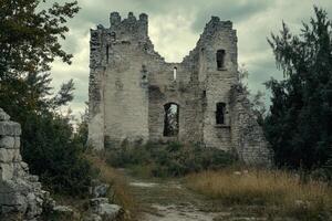 Ancient stone ruins surrounded by overgrown grass and trees under a cloudy sky at dusk photo