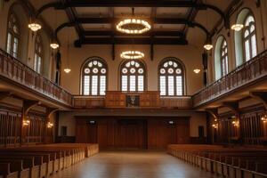 Elegant interior of a historic hall with wooden benches and large windows during the late afternoon hours photo
