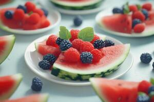 Fresh watermelon, berries, and mint arranged on plates for a summer fruit dessert at a casual outdoor gathering photo