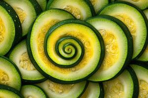 Freshly sliced cucumber arranged in a spiral pattern, showcasing vibrant green skin and bright yellow interior, ideal for salads or garnishes photo