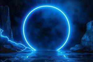 Glowing blue neon circle in a dark mysterious cave with lightning effect on a rocky background. Futuristic scene concept photo