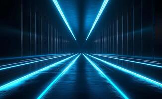 Futuristic corridor illuminated with neon blue light on a dark background. Creates a sci-fi atmosphere and demonstrates modern technological concepts photo