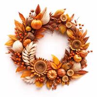 Beautiful autumn wreath with pumpkins, flowers, berries, and leaves on white background. Concept of fall and harvest season decoration. Illustration for Thanksgiving photo